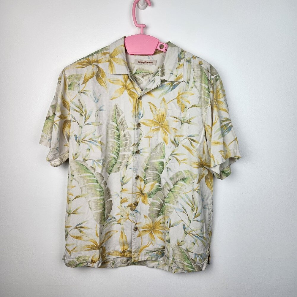 Tommy Bahama Men's Med. 100% Silk Shirt Ivory Palm Leaves Hawaiian Tropical Camp